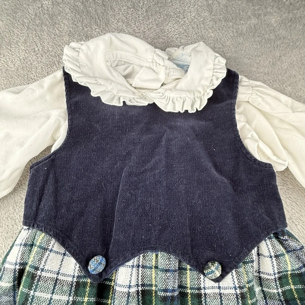 Muffling Holiday Plaid Romper 2T Blue Green Toddler USA Made Ruffles 80s Vintage